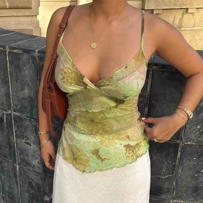 Tie Dye Print Camisole Boho Backless Pattern V Neck Tank Tops Mssza