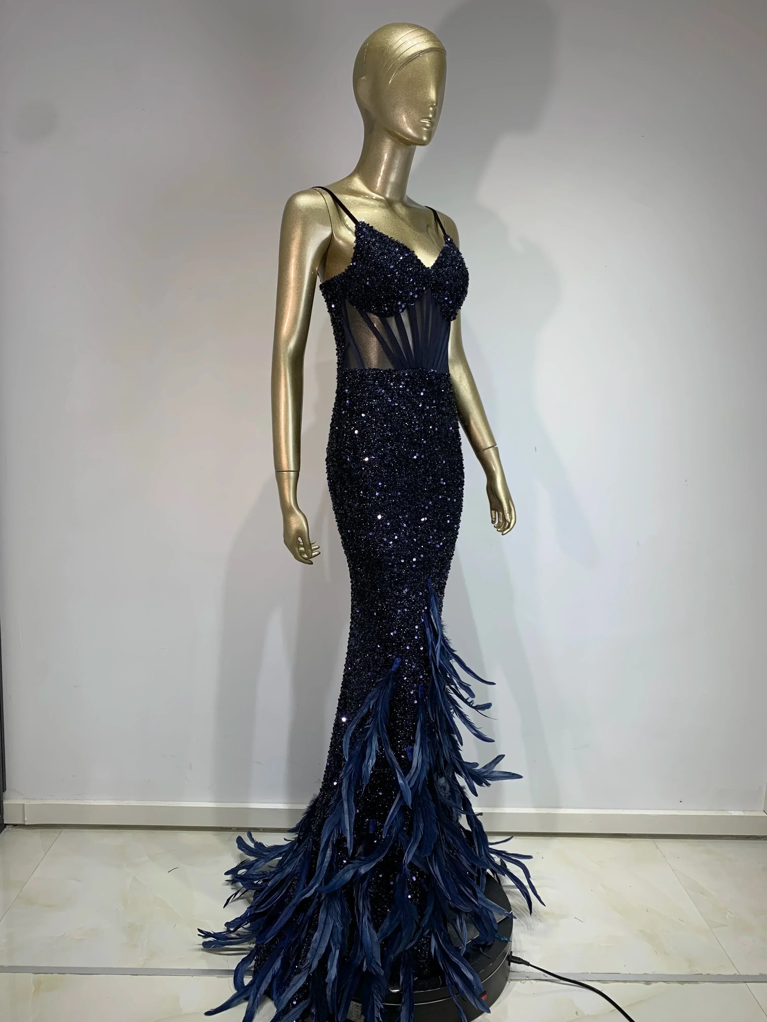 Mesh Sequins Blue Feather Long Dress Mssaz Desses
