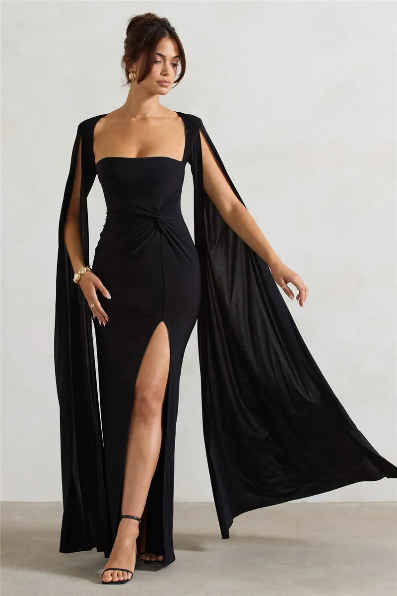 Elegant Cape Sleeve Maxi Dress with High Split Mssaz Desses