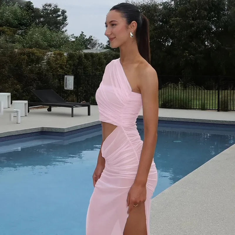 Mesh Backless One-Shoulder Long Dress Mssaz Desses