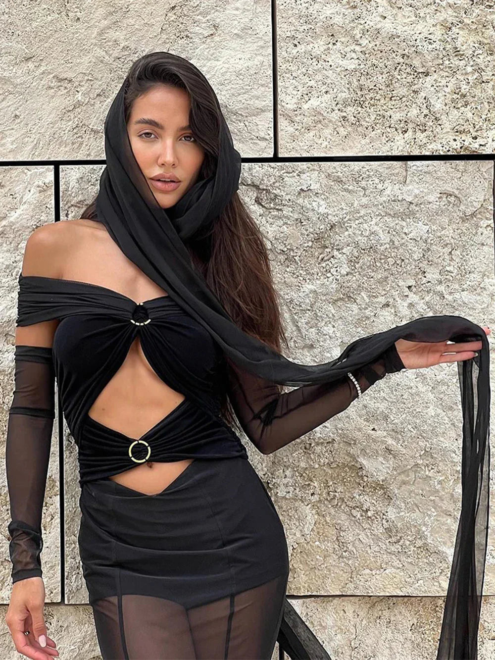 Off The Shoulder Mesh Folded Scarf Maxi Dress Mssaz Desses