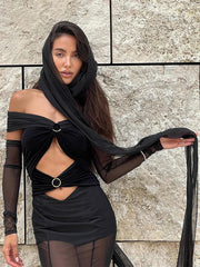 Off The Shoulder Mesh Folded Scarf Maxi Dress Mssaz Desses