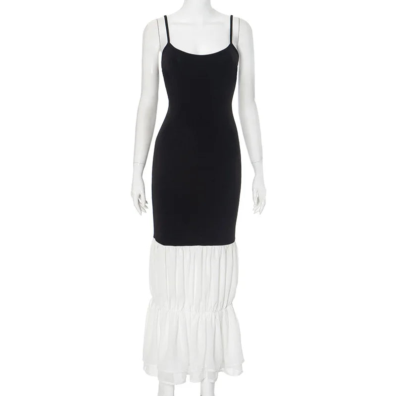 Black Strap White Frill Patchwork Maxi Dress Mssaz Desses