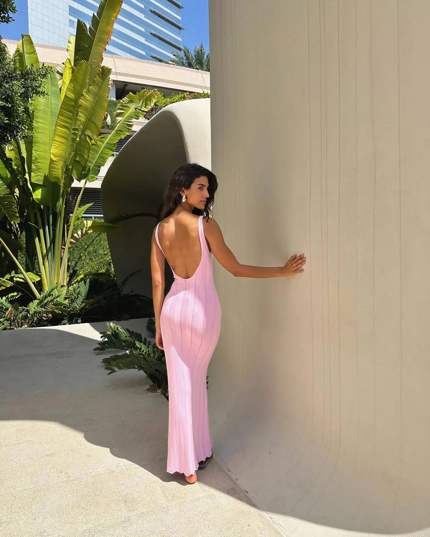 Knit Ribbed Open Back Solid Long Dress Mssaz Desses