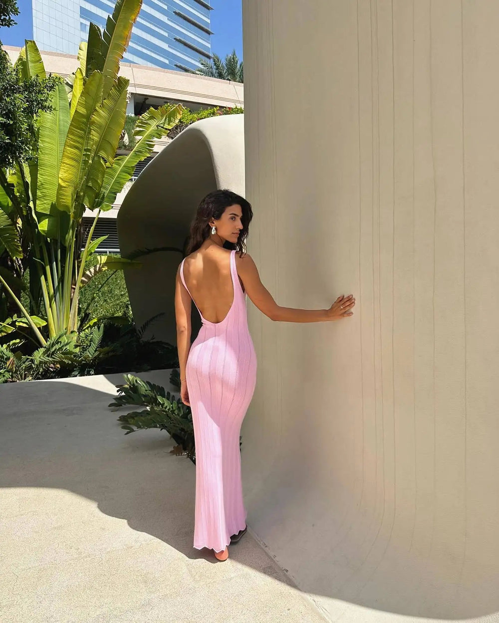 Knit Ribbed Open Back Solid Long Dress Mssaz Desses