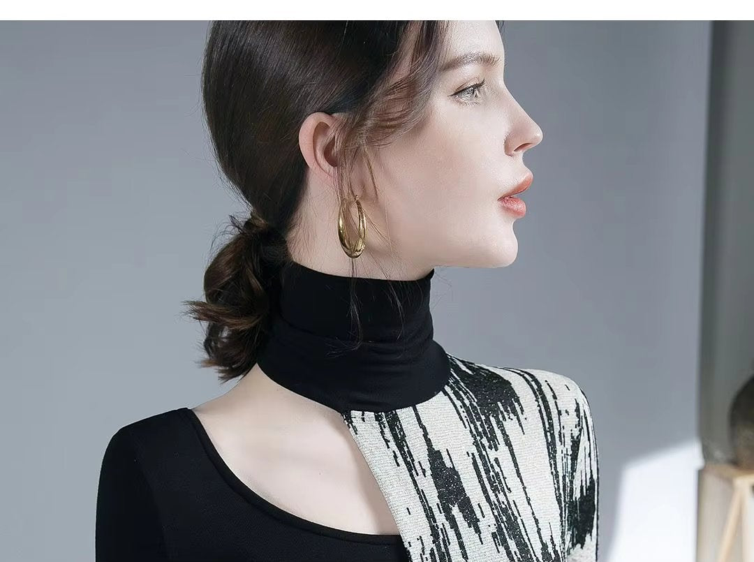 Turtleneck Long Sleeve High Street Printing Hollow Out Pullovers Elegant Slim Chic Top Mssza