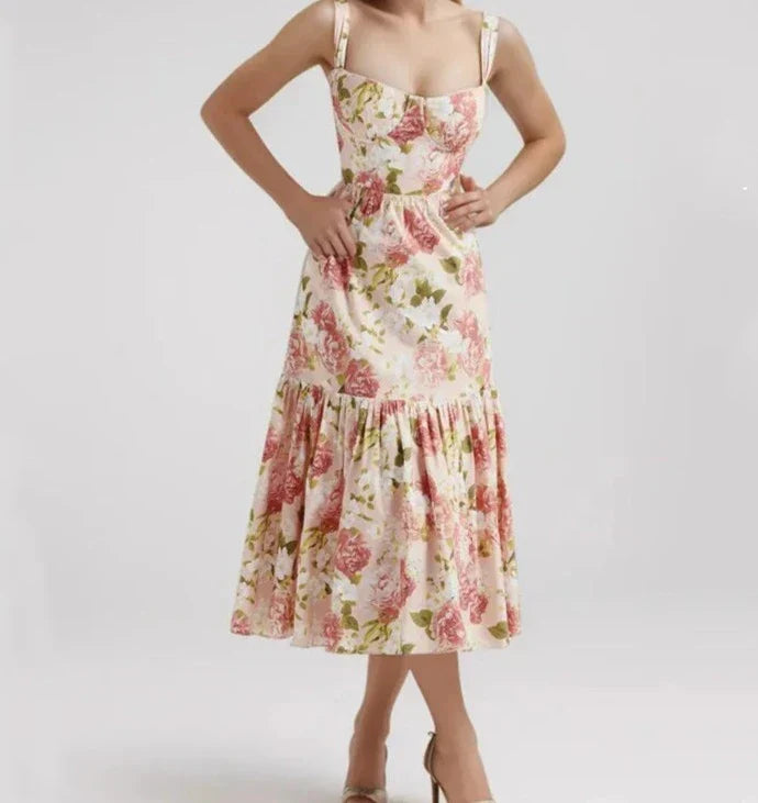 Floral Bra with Wire Corset Ruffles Midi Dress Mssaz Desses