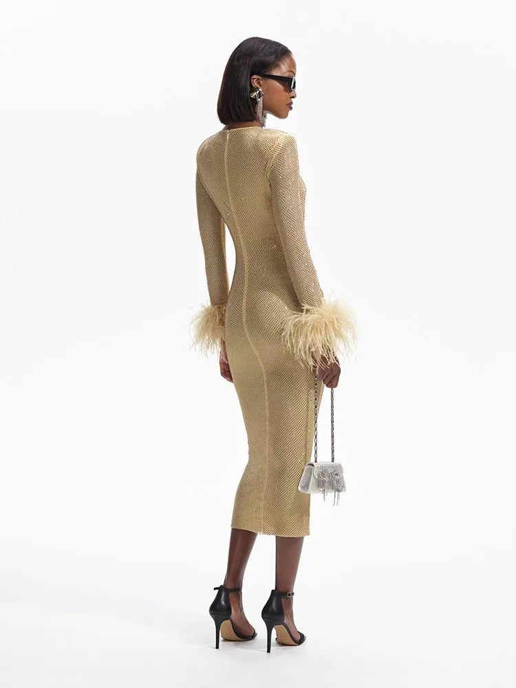 Feathers Rhinestone Folds Midi Dress Mssaz Desses