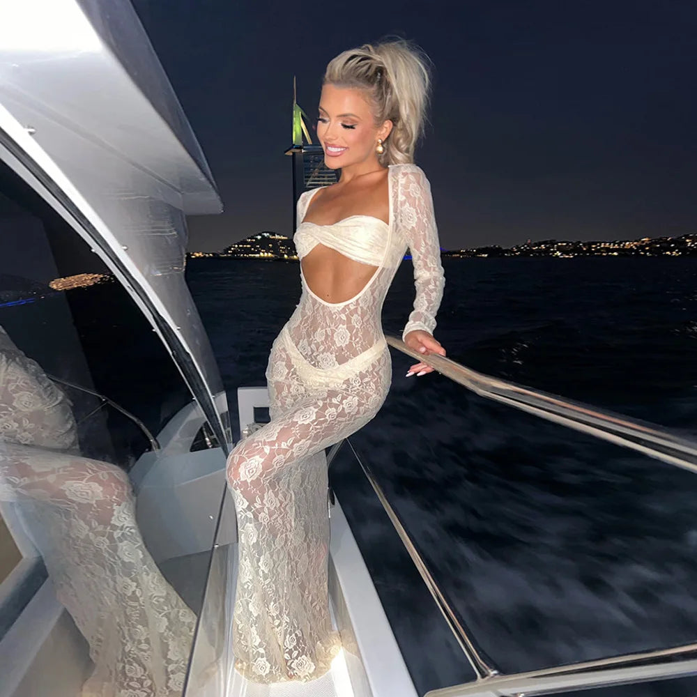 Perspective Lace Hollow Out Bodycon Maxi Dress Mssaz Desses