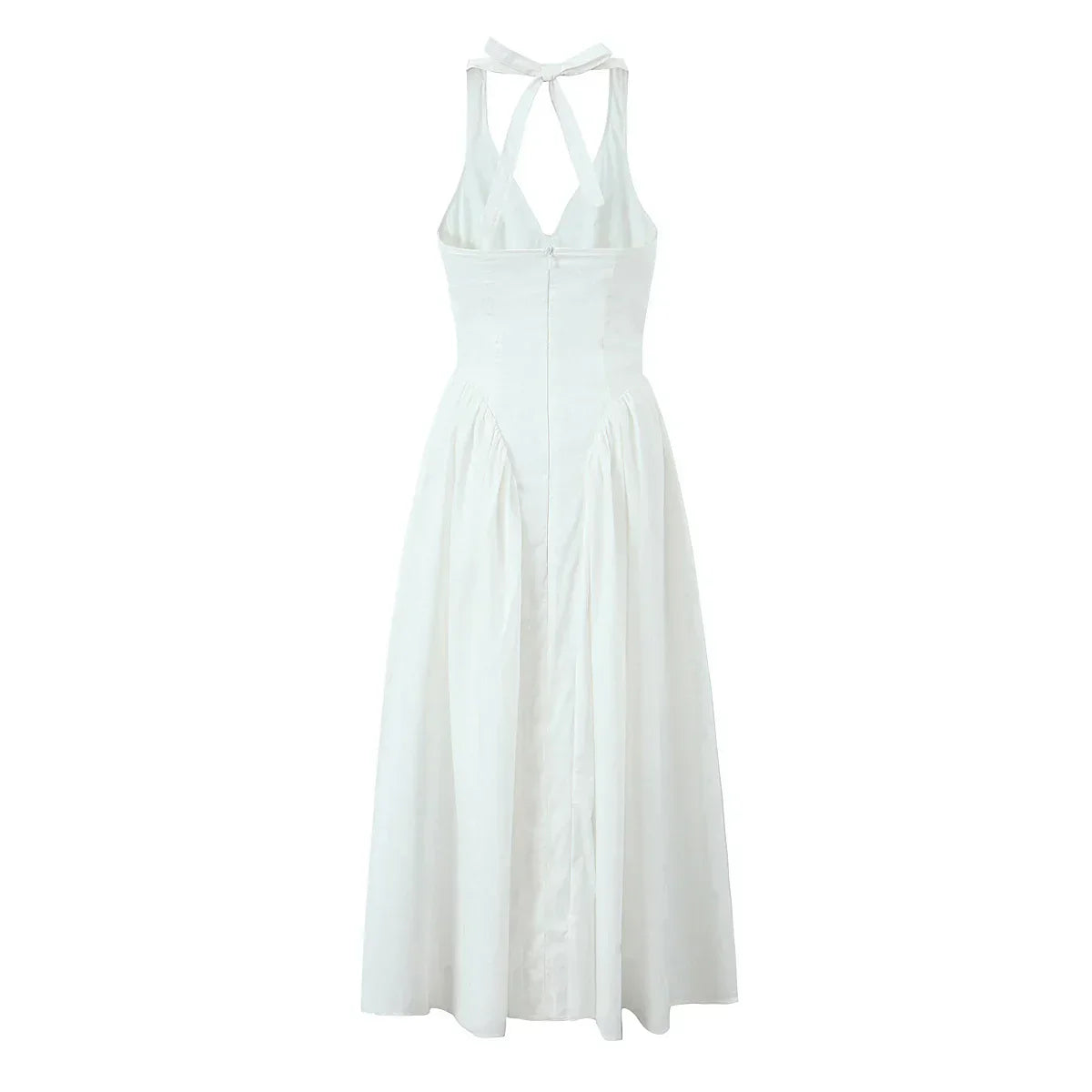 White Bow Halter Neck Pleated Midi Dress Mssaz Desses