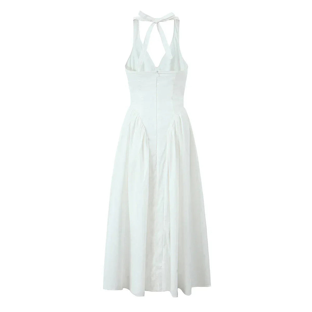 White Bow Halter Neck Pleated Midi Dress Mssaz Desses