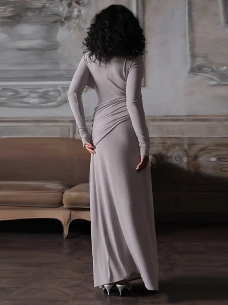 Solid Long Sleeve Irregular Splice Long Dress Mssaz Desses