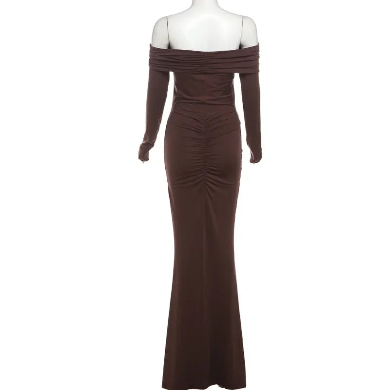 Off The Shoulder Pleated Full Sleeve Dress Mssaz Desses