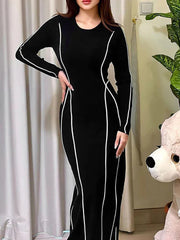 Round Neck Striped Black Long Sleeve Dress Mssaz Desses
