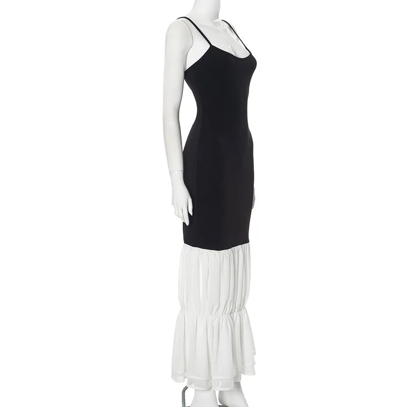 Black Strap White Frill Patchwork Maxi Dress Mssaz Desses