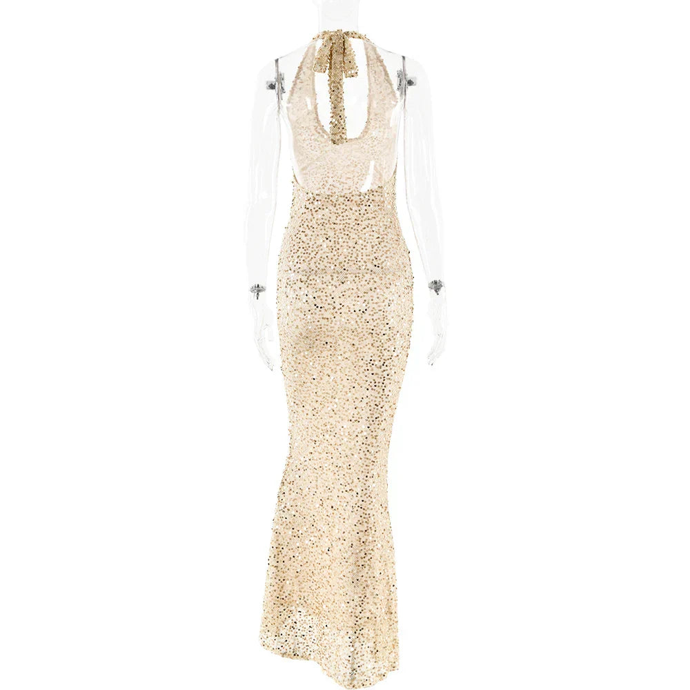 Open Back Sequins Sparkling Halter Maxi Dress Mssaz Desses