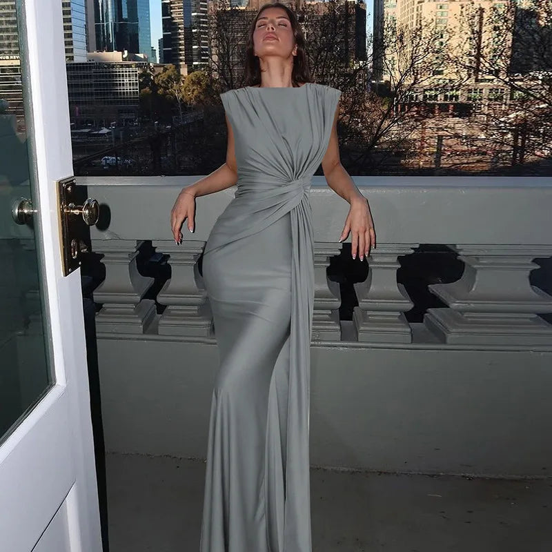 Solid Boat Neck Twist Knot Long Dress Mssaz Desses