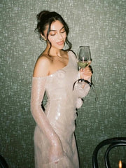Mesh Sequin 3D Flower Long Sleeve Bodycon Maxi Dress Mssaz Desses