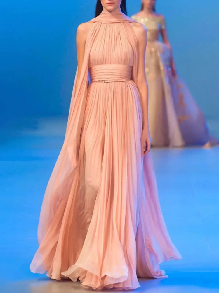 Ribbon Sleeveless Pleated Solid Long Dress Mssaz Desses