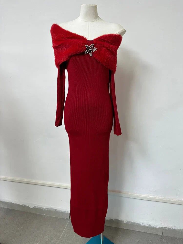 Patchwork Fur Collar Slash Neck Diamond Dress Mssaz Desses