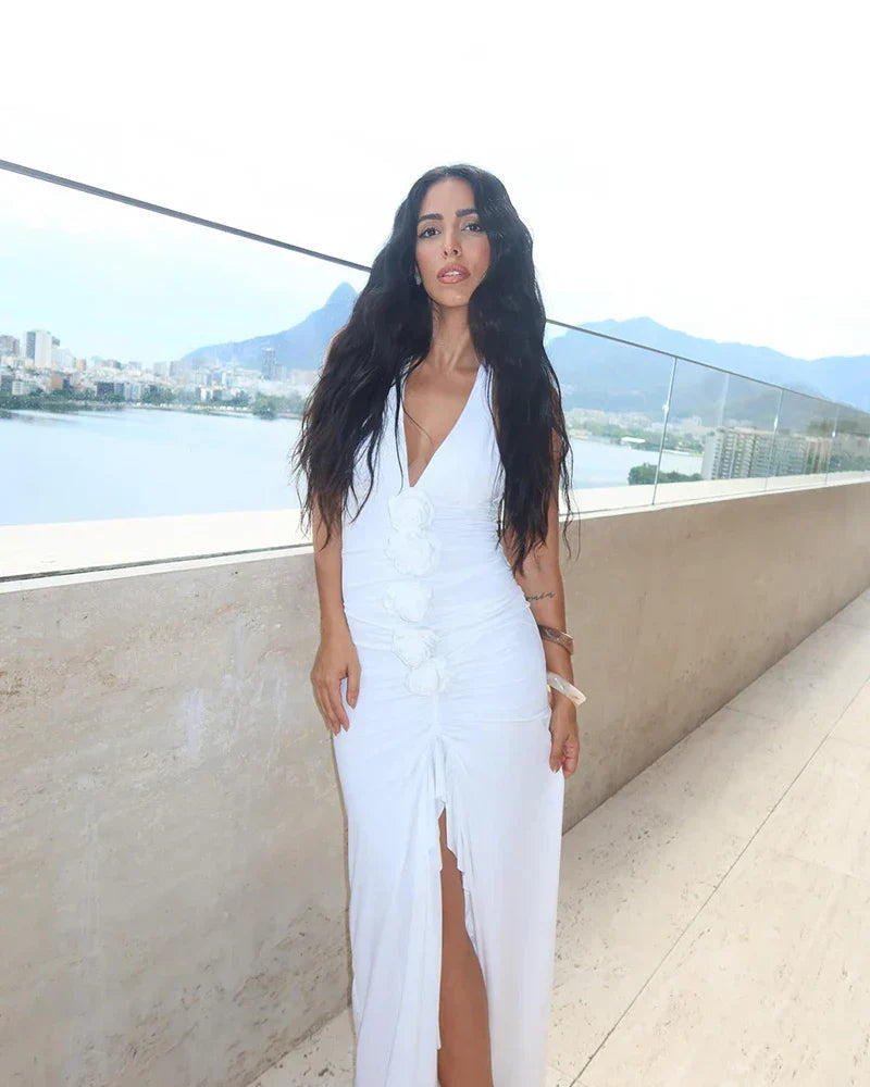 White Floral Halter Sleeveless Ruffled Long Dress Mssaz Desses
