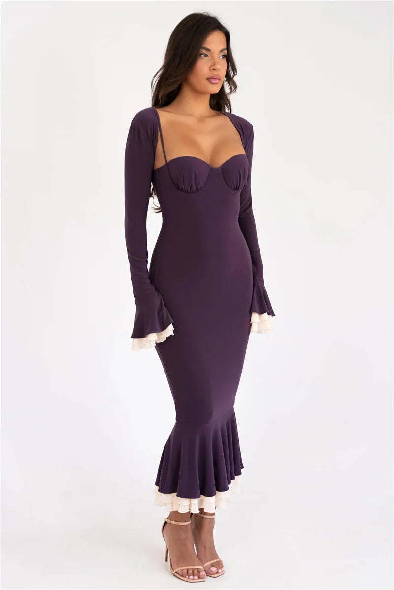 Patchwork Square Collar Evening Fishtail Dress Mssaz Desses