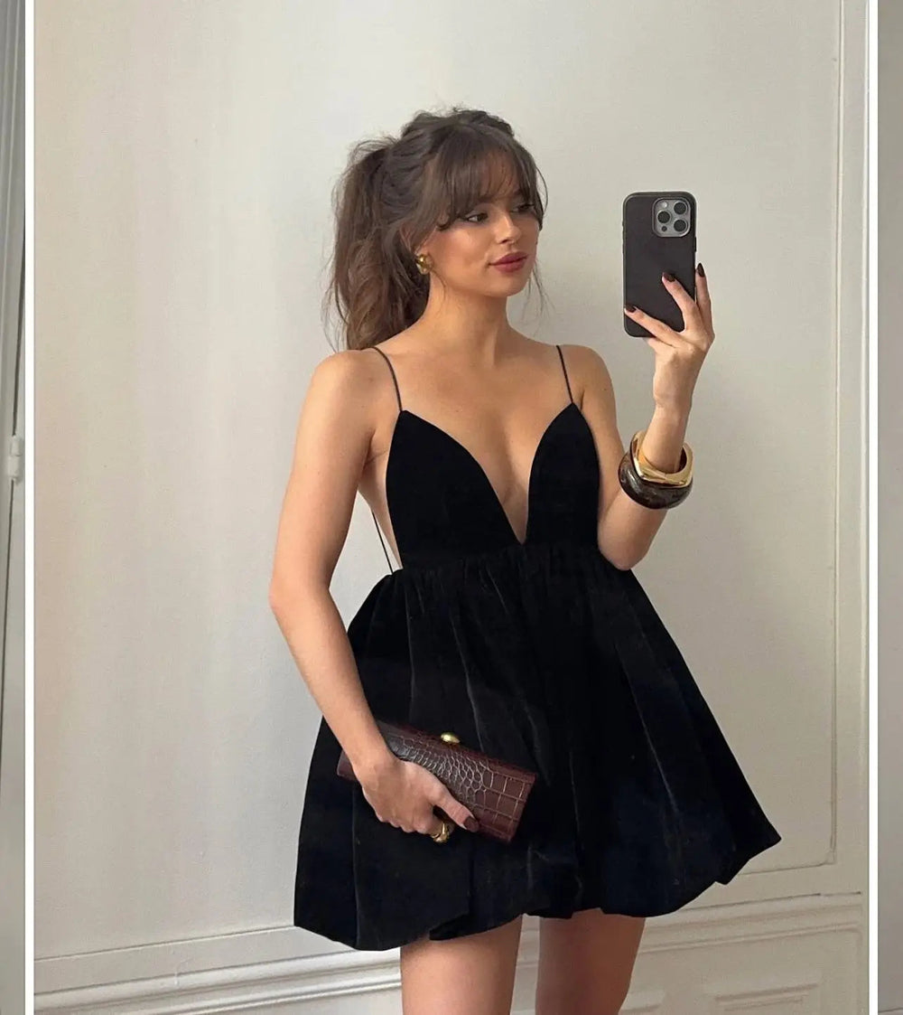 Velvet Deep V Neck Mini Lantern Dress Mssaz Desses