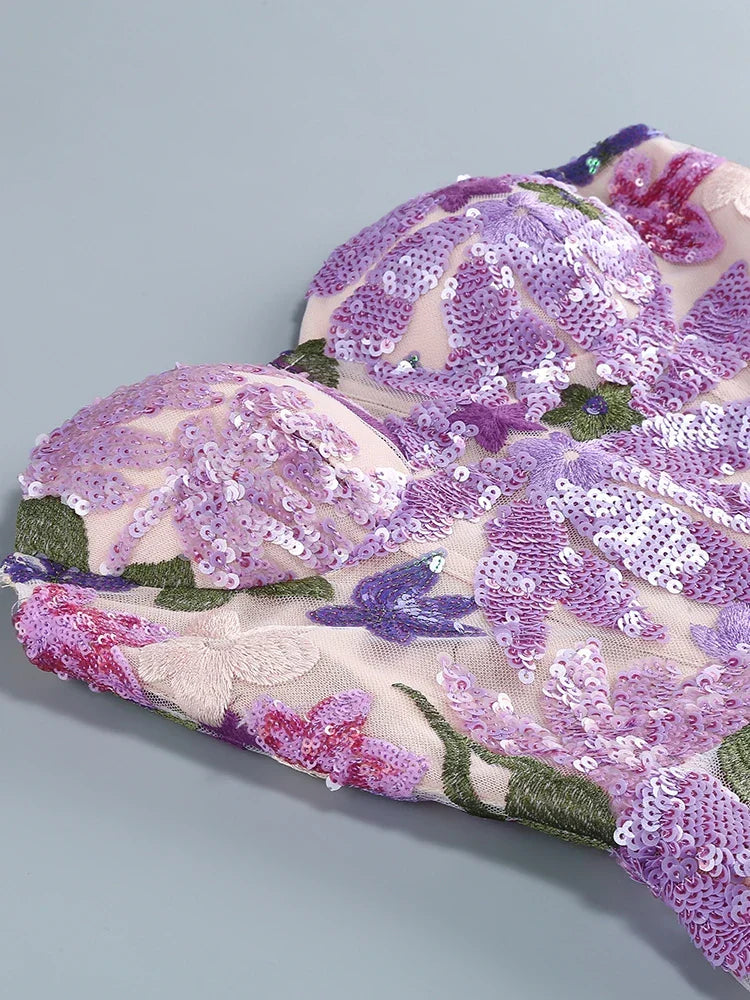 Floral-Embellished Sequin Lavender Ankle Length Dress Mssaz Desses