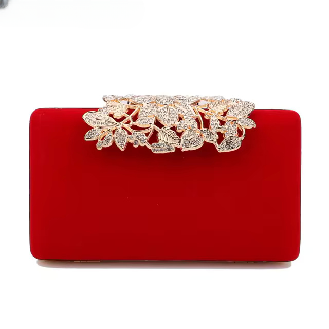 Leaf Design Diamonds Flap Shaped Velvet Luxury Clutch Mssza