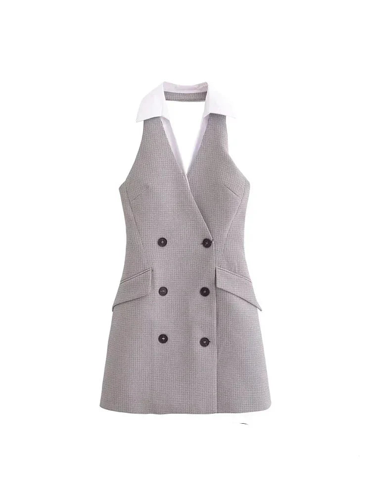 Plaid Halter Sleeveless Button Dress Mssaz Desses