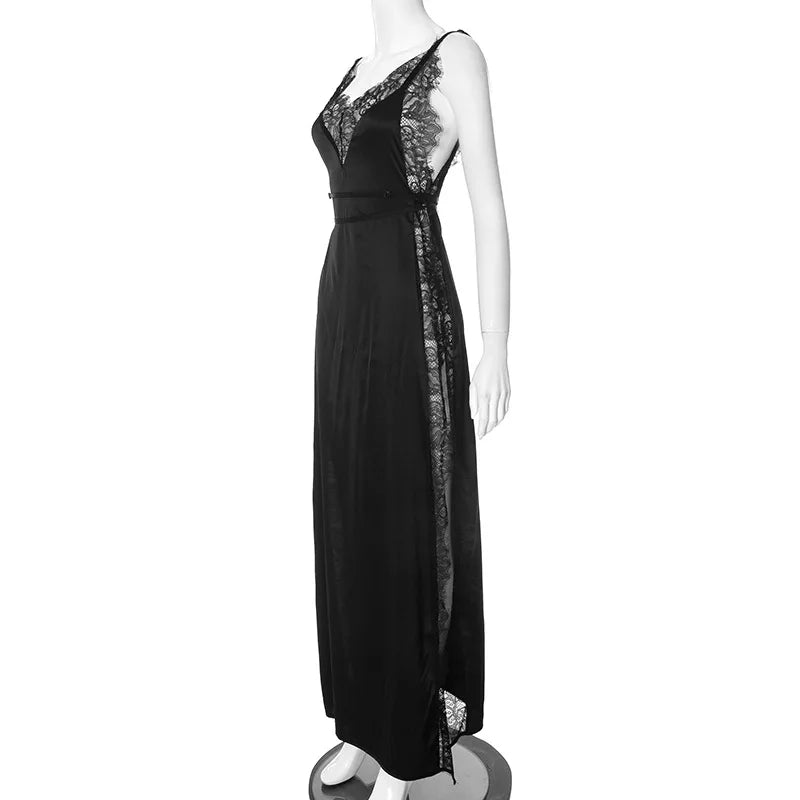 Lace Satin Patchwork High Split Maxi Dress Mssaz Desses