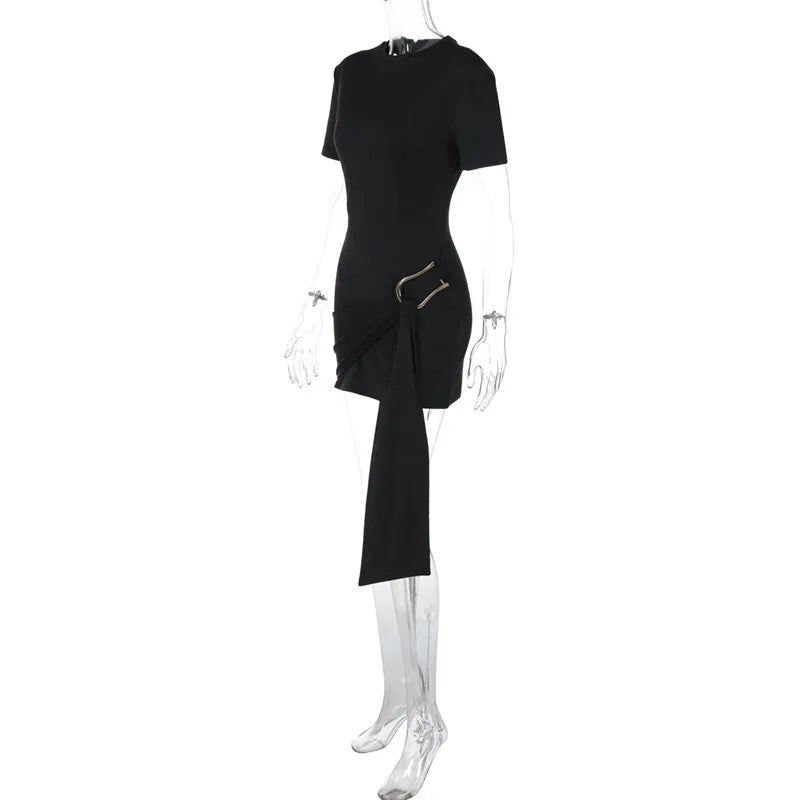 Short Sleeve Draped Black Metal Buckle Mini Dress Mssaz Desses