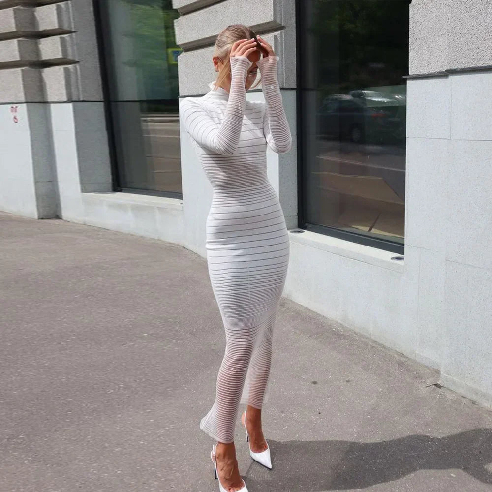 Striped Knitted Half High Collar Dress Mssaz Desses