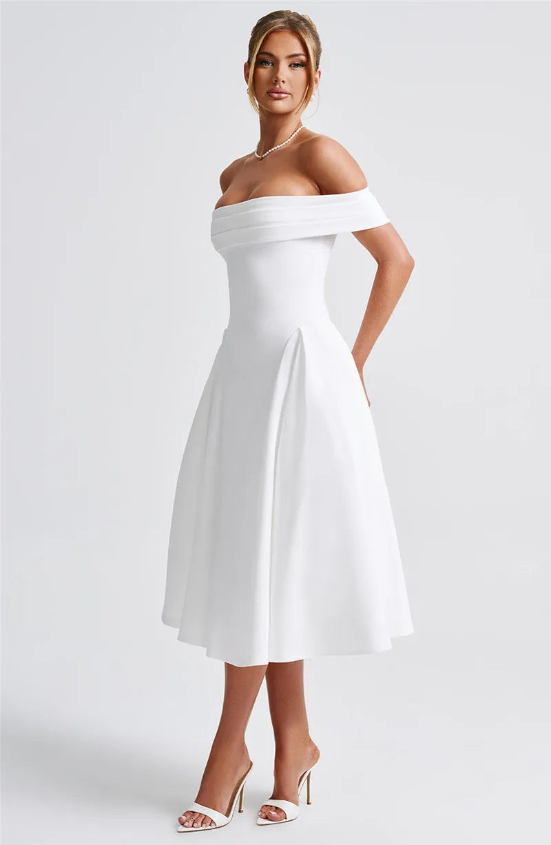Off-Shoulder Flare Midi Dress Mssaz Desses