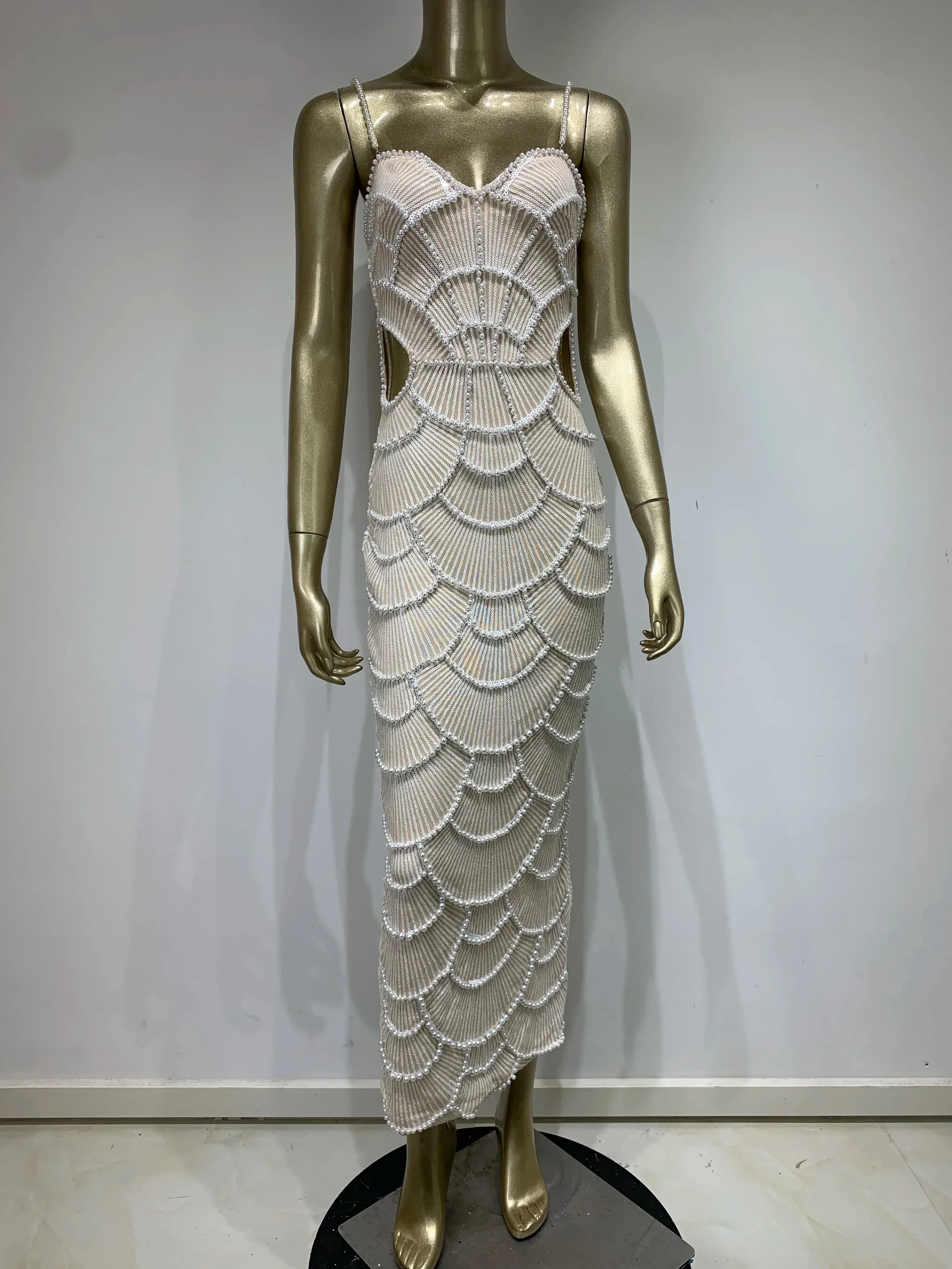 V Neck White Pearl Beading Maxi Dress Mssaz Desses