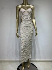 V Neck White Pearl Beading Maxi Dress Mssaz Desses
