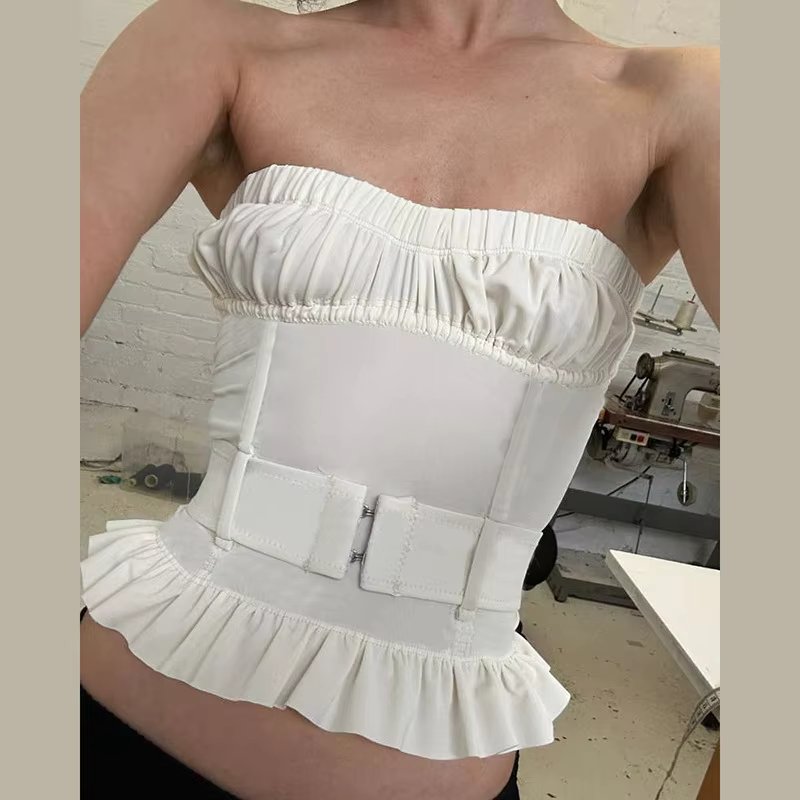 Ruched Patchwork Buckle Strapless Elastic Chest Wrapping Backless Ruffles Cleavage Tank Topst Mssza