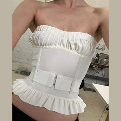 Ruched Patchwork Buckle Strapless Elastic Chest Wrapping Backless Ruffles Cleavage Tank Topst Mssza