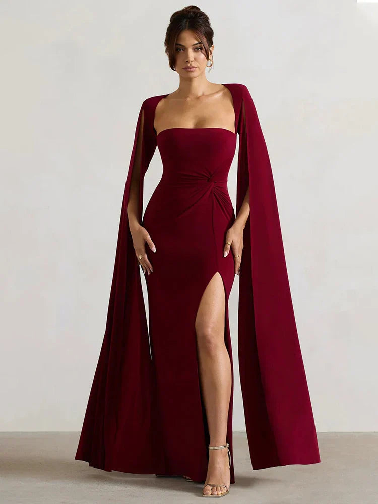 Elegant Cape Sleeve Maxi Dress with High Split Mssaz Desses