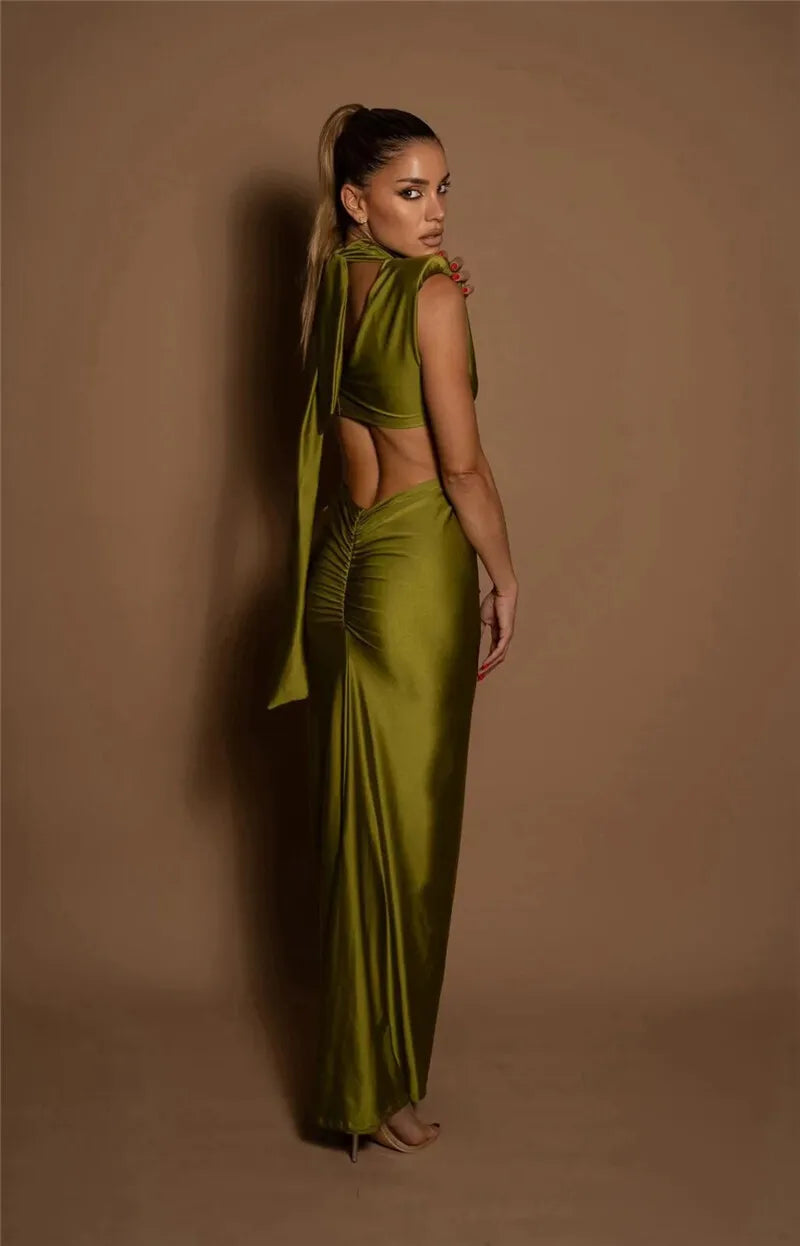 Hollow Out Turtleneck Solid Maxi Dress Mssaz Desses