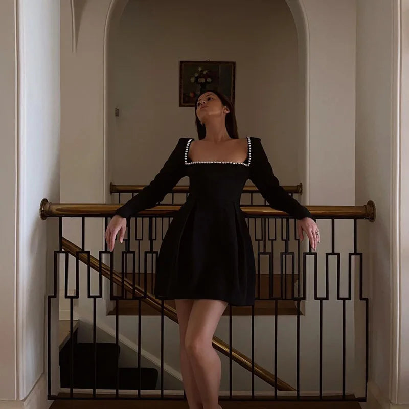 Pearl Square Neck Long Sleeve Mini Dress Mssaz Desses
