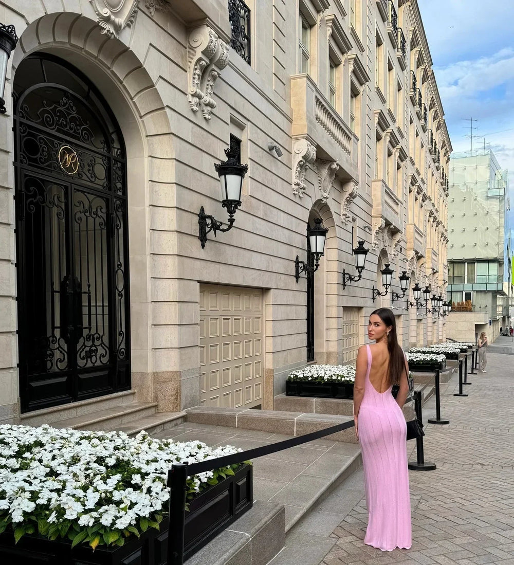 Knit Ribbed Open Back Solid Long Dress Mssaz Desses