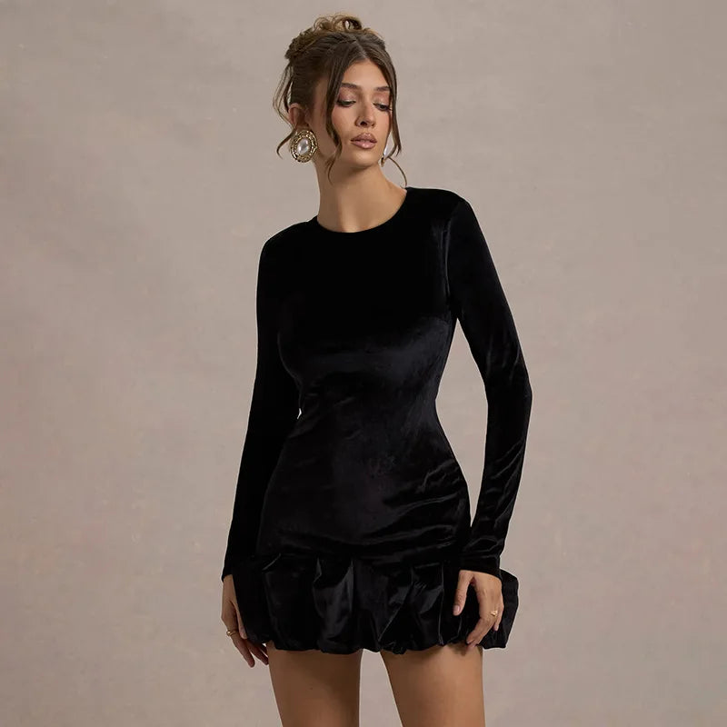 Velvet 3D Pleated Hem Long Sleeve Dress Mssaz Desses