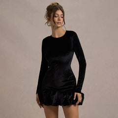 Velvet 3D Pleated Hem Long Sleeve Dress Mssaz Desses