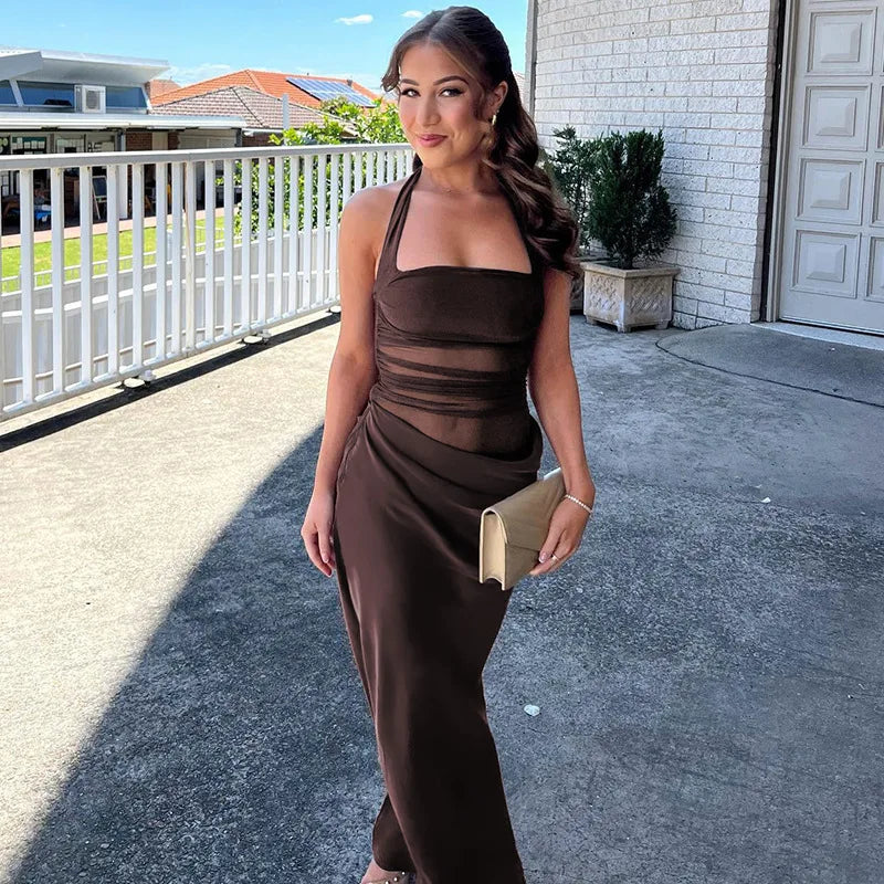 Mesh Patchwork Backless Halter Bodycon Gown Mssaz Desses