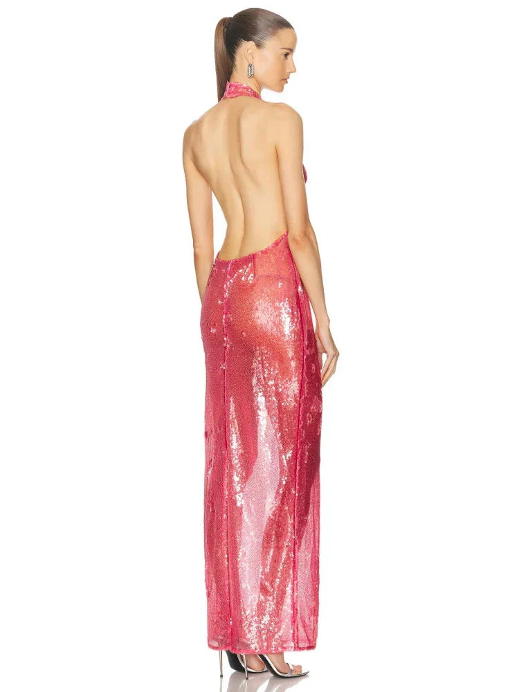 Halter Sheer Sequins Long Dress Mssaz Desses