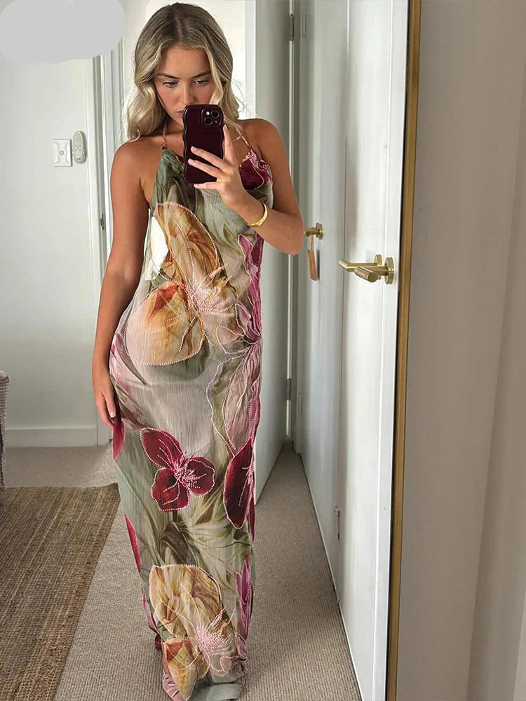Floral Print Backless Halter Dress with Split for Women Mssaz Desses