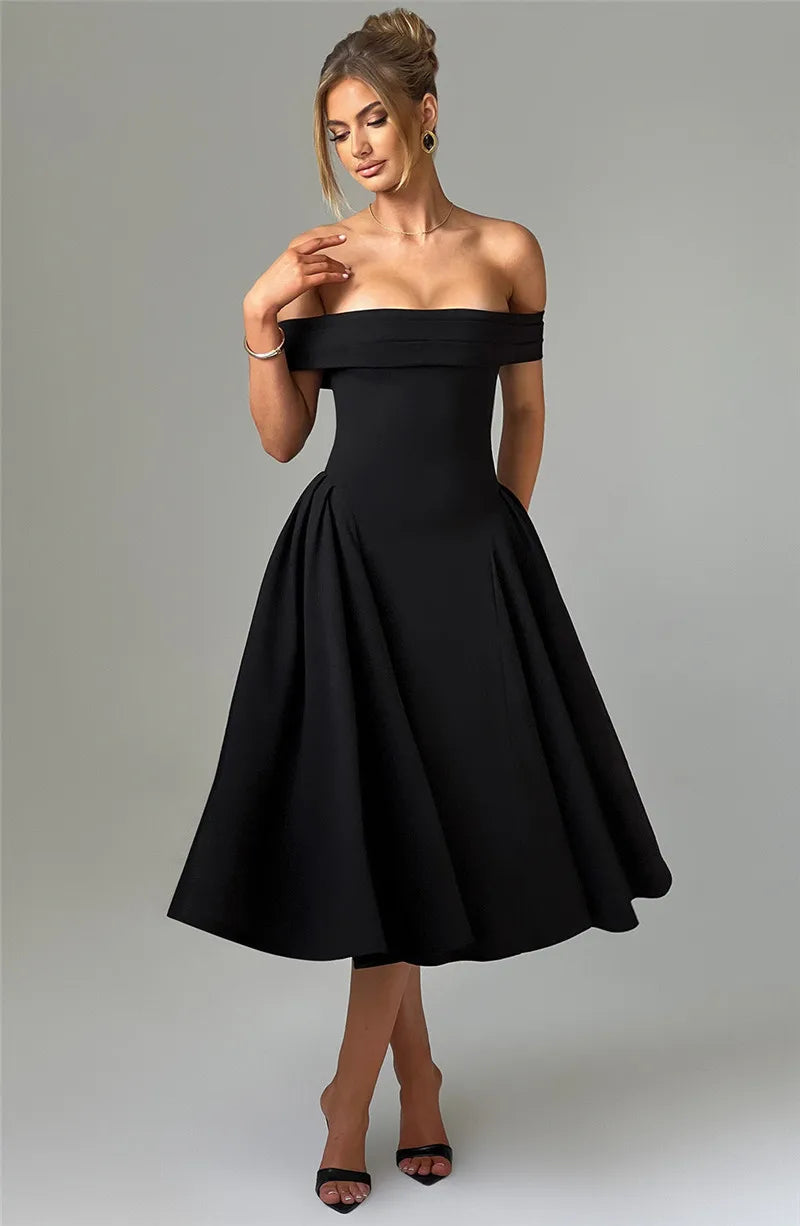 Off-Shoulder Flare Midi Dress Mssaz Desses
