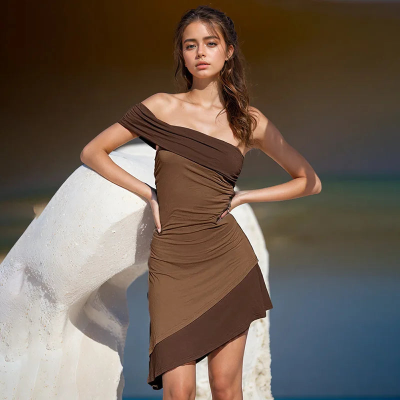 Slant Collar Asymmetrical Short Dress Mssaz Desses