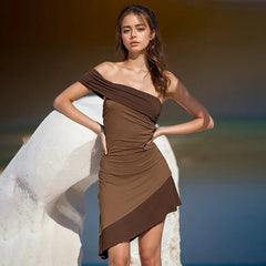 Slant Collar Asymmetrical Short Dress Mssaz Desses